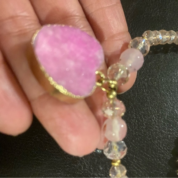 Pink Heart Pendant Necklace with beautiful shiny beads and pink earrings . - Picture 3 of 14